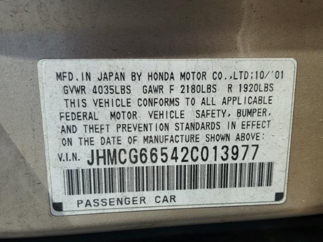 JHMCG66542C013977 - 2002 HONDA ACCORD LX GOLD photo 10