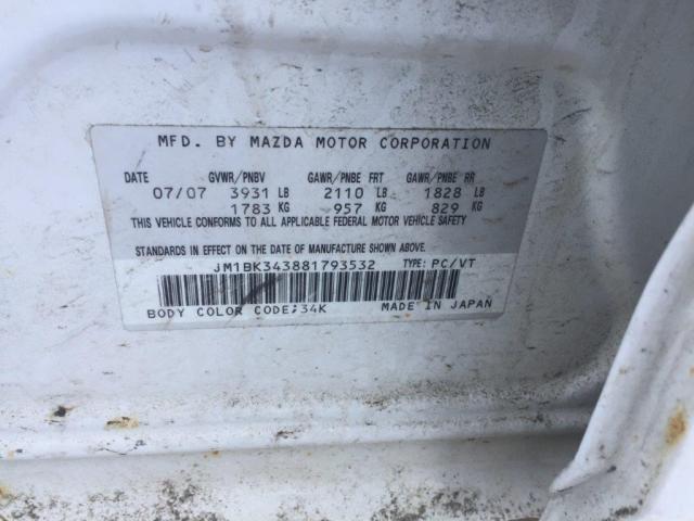 JM1BK343881793532 - 2008 MAZDA 3 HATCHBAC WHITE photo 9