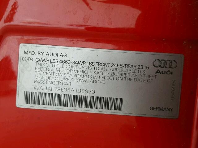 WAUAF78E08A138930 - 2008 AUDI A4 2.0T RED photo 10