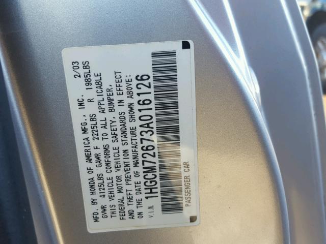 1HGCM72673A016126 - 2003 HONDA ACCORD EX SILVER photo 10