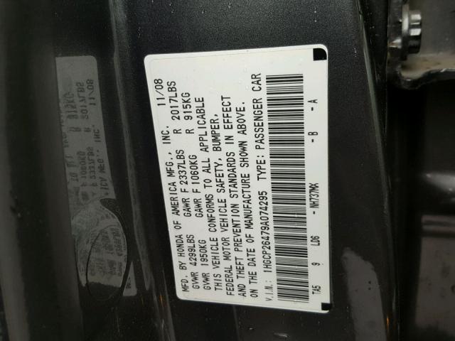 1HGCP26479A074295 - 2009 HONDA ACCORD LXP GRAY photo 10