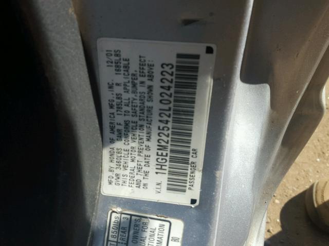 1HGEM22542L024223 - 2002 HONDA CIVIC LX SILVER photo 10