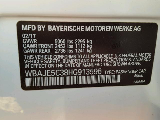 WBAJE5C38HG913596 - 2017 BMW 540 I WHITE photo 10