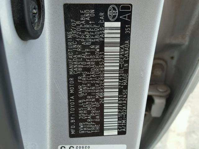 2T1BR32E88C865731 - 2008 TOYOTA COROLLA CE SILVER photo 10