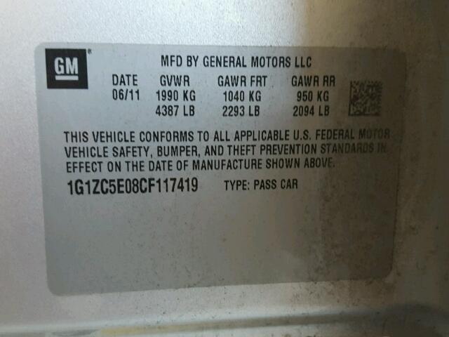 1G1ZC5E08CF117419 - 2012 CHEVROLET MALIBU 1LT 银色 照片 10