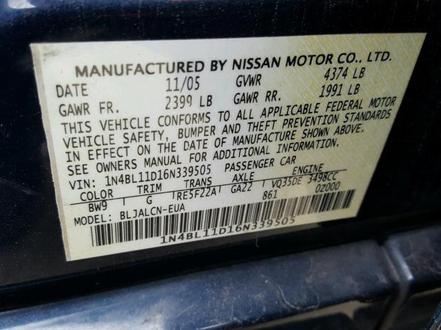 1N4BL11D16N339505 - 2006 NISSAN ALTIMA SE BLUE photo 10