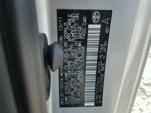 JTKJF5C72C3034588 - 2012 TOYOTA SCION TC 银色 照片 10