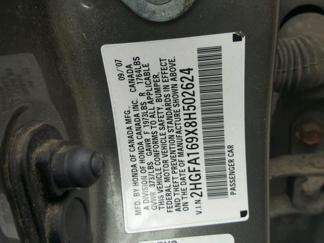 2HGFA169X8H502624 - 2008 HONDA CIVIC EXL GRAY photo 10