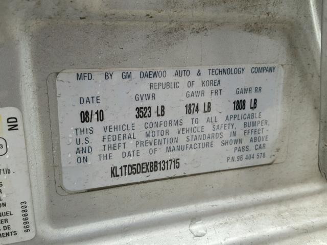 KL1TD5DEXBB131715 - 2011 CHEVROLET AVEO LS 银色 照片 10