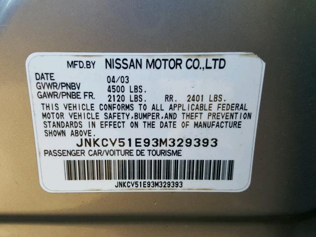 JNKCV51E93M329393 - 2003 INFINITI G35 GRAY photo 10