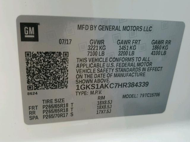 1GKS1AKC7HR384339 - 2017 GMC YUKON SLE WHITE photo 10