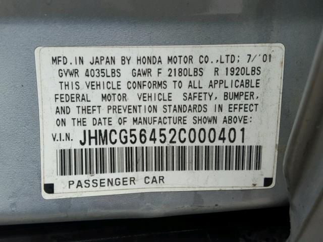 JHMCG56452C000401 - 2002 HONDA ACCORD LX SILVER photo 10