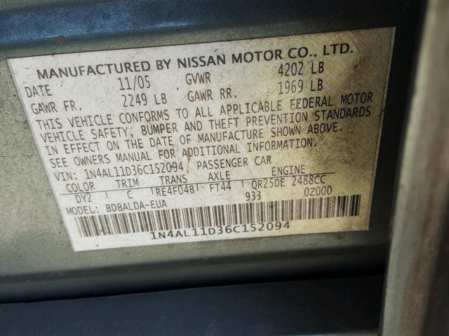 1N4AL11D36C152094 - 2006 NISSAN ALTIMA S GREEN photo 10