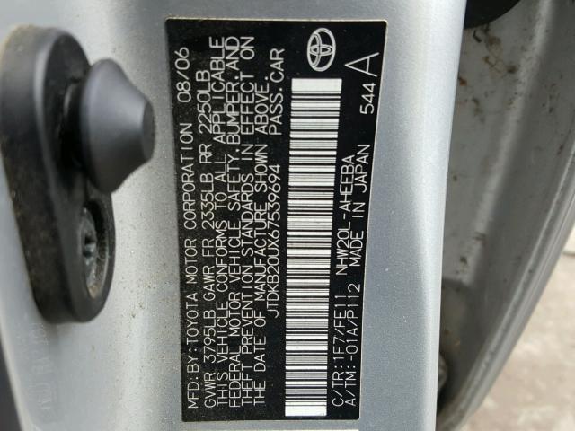 JTDKB20UX67539694 - 2006 TOYOTA PRIUS SILVER photo 10