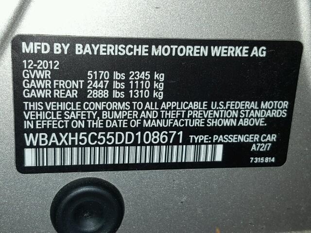 WBAXH5C55DD108671 - 2013 BMW 528 XI SILVER photo 10