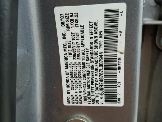 5J6RE48767L007944 - 2007 HONDA CR-V EXL SILVER photo 10