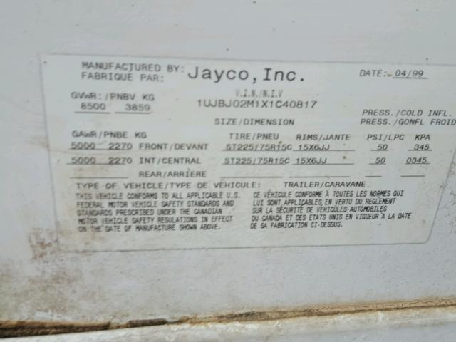 1UJBJ02M1X1C40817 - 1999 JAYC EAGLE WHITE photo 10