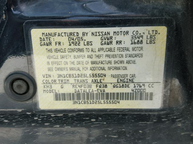 3N1CB51D25L555504 - 2005 NISSAN SENTRA 1.8 BLACK photo 10