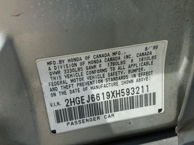 2HGEJ6619XH593211 - 1999 HONDA CIVIC BASE SILVER photo 10