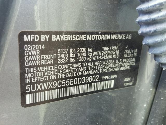 5UXWX9C55E0D39802 - 2014 BMW X3 XDRIVE2 GRAY photo 10