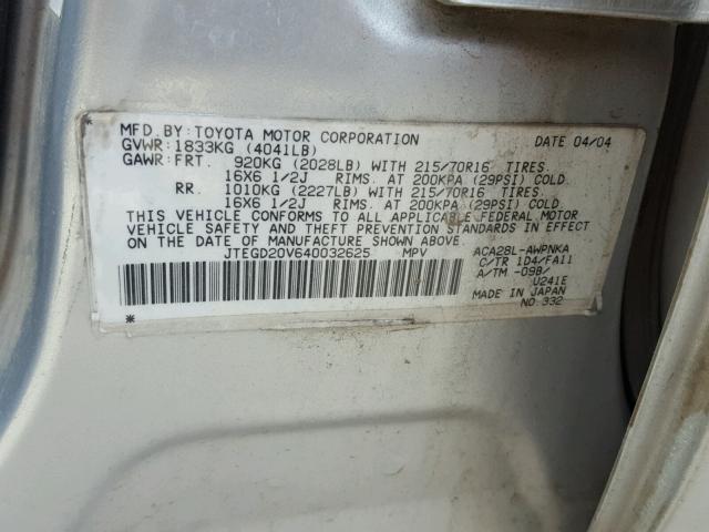 JTEGD20V640032625 - 2004 TOYOTA RAV4 SILVER photo 10