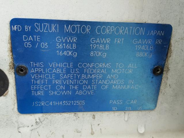 JS2RC41H435212505 - 2003 SUZUKI AERIO SX WHITE photo 10