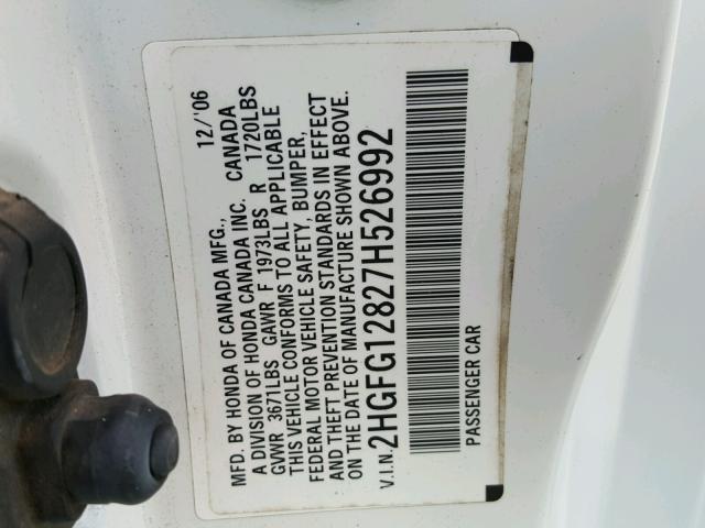 2HGFG12827H526992 - 2007 HONDA CIVIC EX 白色 照片 10