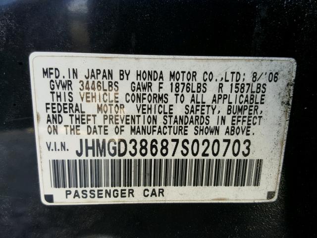 JHMGD38687S020703 - 2007 HONDA FIT S BLACK photo 10