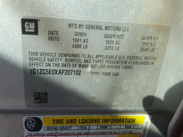 1G1ZC5E0XAF287102 - 2010 CHEVROLET MALIBU 1LT 银色 照片 10