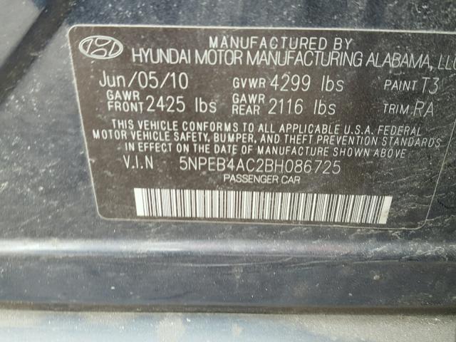 5NPEB4AC2BH086725 - 2011 HYUNDAI SONATA GLS BLUE photo 10