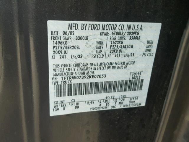 1FTRW07392KE07053 - 2002 FORD F150 SUPER GRAY photo 10