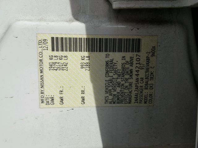 1N4AL2AP5AN442107 - 2010 NISSAN ALTIMA BAS WHITE photo 10