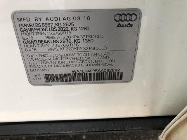 WA1LKAFP5AA092892 - 2010 AUDI Q5 PREMIUM WHITE photo 10