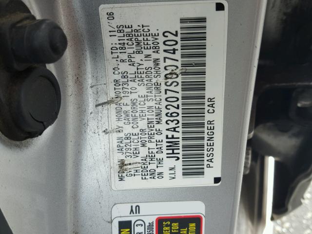 JHMFA36207S007402 - 2007 HONDA CIVIC HYBR SILVER photo 10