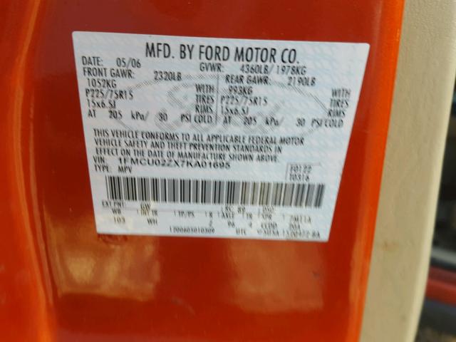 1FMCU02ZX7KA01695 - 2007 FORD ESCAPE XLS ORANGE photo 10