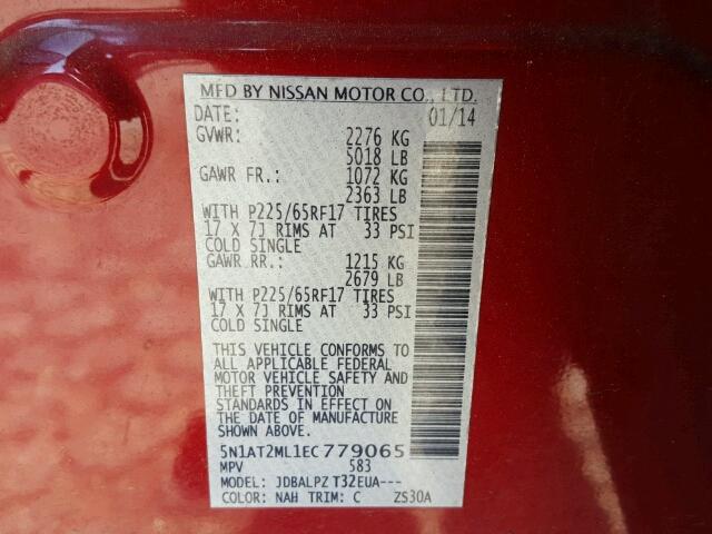 5N1AT2ML1EC779065 - 2014 NISSAN ROGUE S RED photo 10