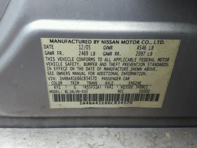 1N4BA41E66C834570 - 2006 NISSAN MAXIMA SE SILVER photo 10