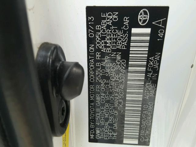 JTKJF5C74E3074920 - 2014 TOYOTA SCION TC 白色 照片 10