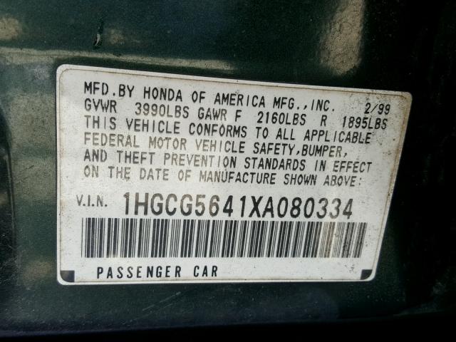 1HGCG5641XA080334 - 1999 HONDA ACCORD LX GREEN photo 10