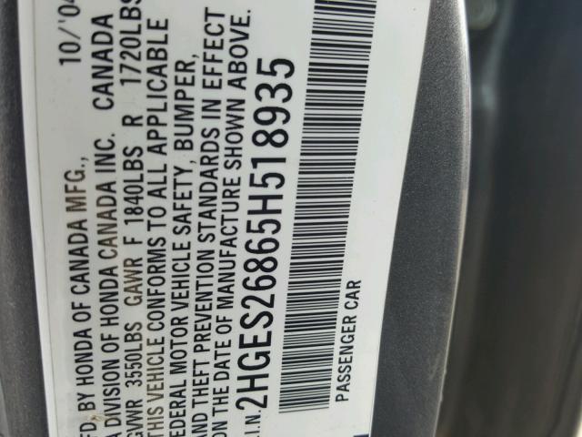 2HGES26865H518935 - 2005 HONDA CIVIC EX ნაცრისფერი ფოტო 10