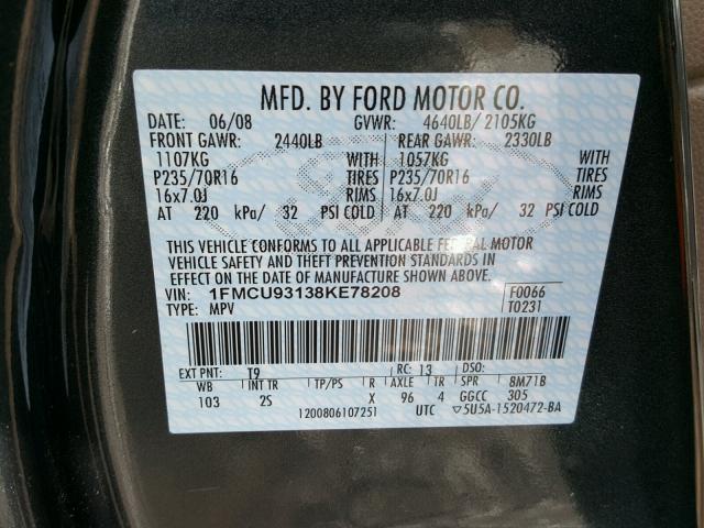 1FMCU93138KE78208 - 2008 FORD ESCAPE XLT GRAY photo 10