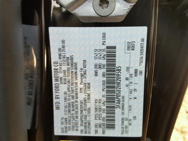 3FA6P0SU2HR209585 - 2017 FORD FUSION TIT BLACK photo 10