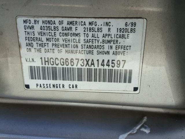 1HGCG6673XA144597 - 1999 HONDA ACCORD EX GOLD photo 10