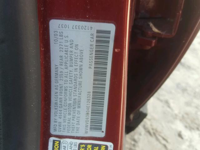 WVWVD63B04E126328 - 2004 VOLKSWAGEN PASSAT GLS RED photo 10