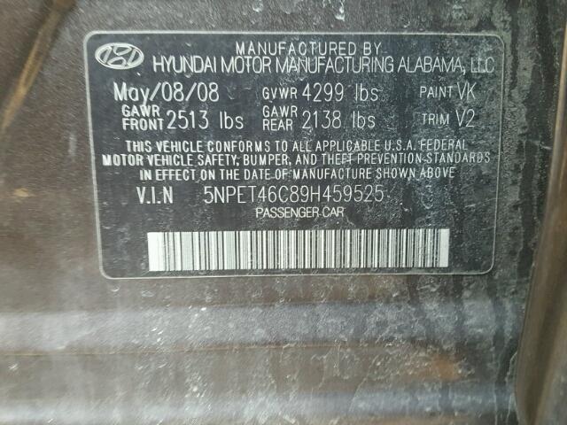 5NPET46C89H459525 - 2009 HYUNDAI SONATA BROWN photo 10