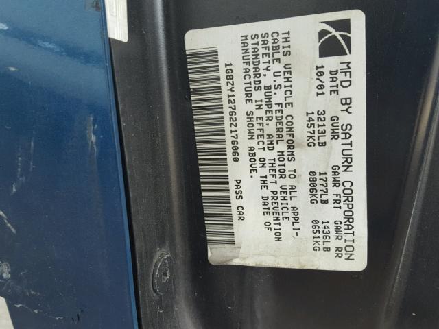 1G8ZY12762Z176060 - 2002 SATURN SC2 BLUE photo 10