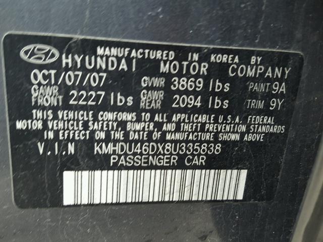 KMHDU46DX8U335838 - 2008 HYUNDAI ELANTRA GL GRAY photo 10