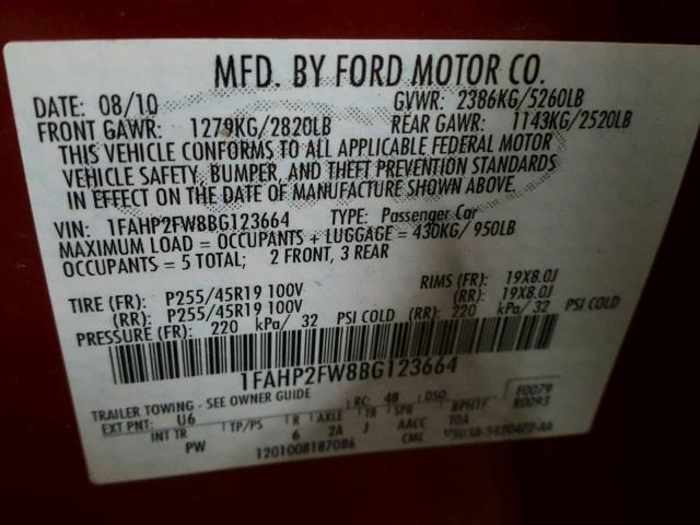 1FAHP2FW8BG123664 - 2011 FORD TAURUS LIM RED photo 10