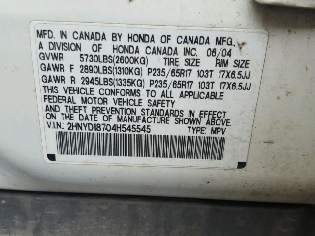 2HNYD18704H545545 - 2004 ACURA MDX TOURIN WHITE photo 10