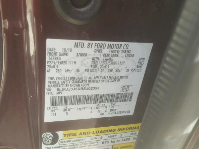 5LMJJ3J5XBEJ02353 - 2011 LINCOLN NAVIGATOR 栗色 照片 10